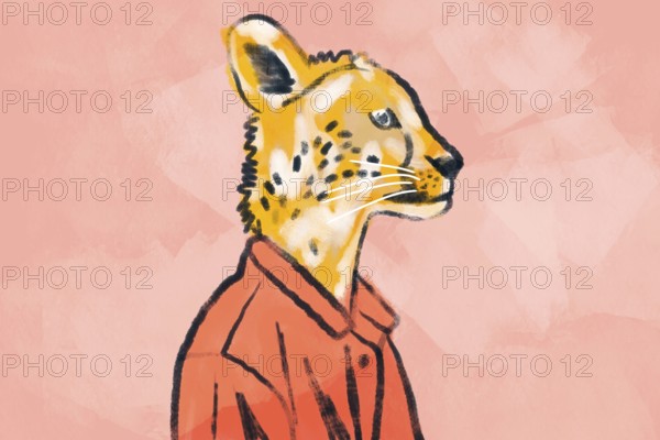 A whimsical illustration of a cheetah wearing a stylish red jacket, set against a soft pink