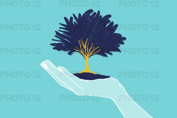 Artistic illustration of a hand gently holding a tree, symbolizing growth, nature, and nurturing.
