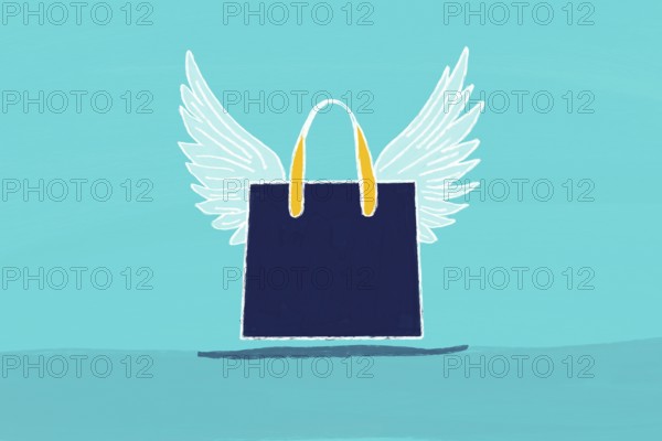 A whimsical illustration of a shopping bag with wings, symbolizing fast delivery and express