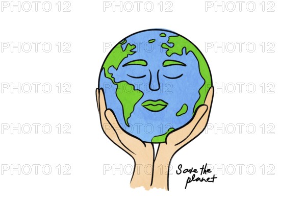 A vibrant illustration of Earth with a face, cradled in hands, symbolizing care and environmental