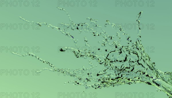 A high-definition 3D render of a liquid splash captured in motion against a smooth mint green
