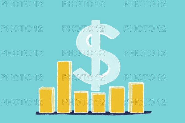 A yellow bar chart with varying heights sits against a teal background, dominated by a large dollar