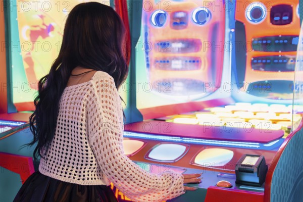 Girl enjoys her time playing at a vibrant, colorful arcade game The bright lights and lively