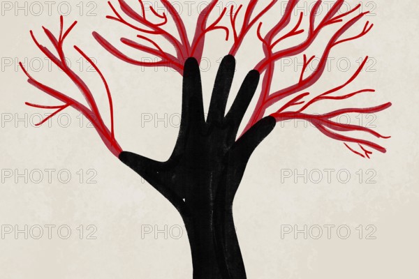 This illustration creatively combines a hand silhouette with branching red veins on a neutral