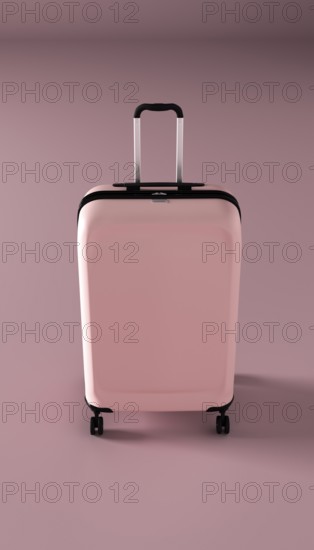 A 3D-rendered front view of a stylish pink suitcase with wheels and an extended handle, showcasing