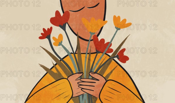 A stylized illustration of a person gently holding a bouquet of vibrant red, yellow, and orange