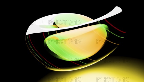 A dynamic, abstract digital illustration with bright green, orange and yellow hues on a dark