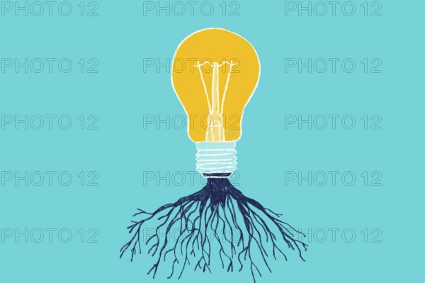 Illustration of a yellow light bulb with black roots on a blue background, symbolizing innovation