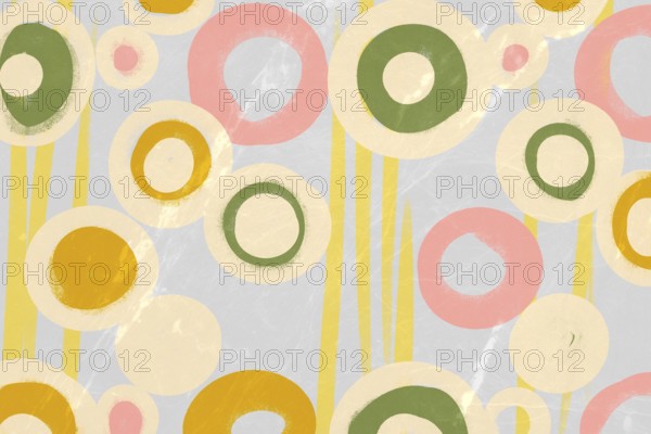 This abstract artwork features a variety of circles and ovals in a retro color palette of greens,