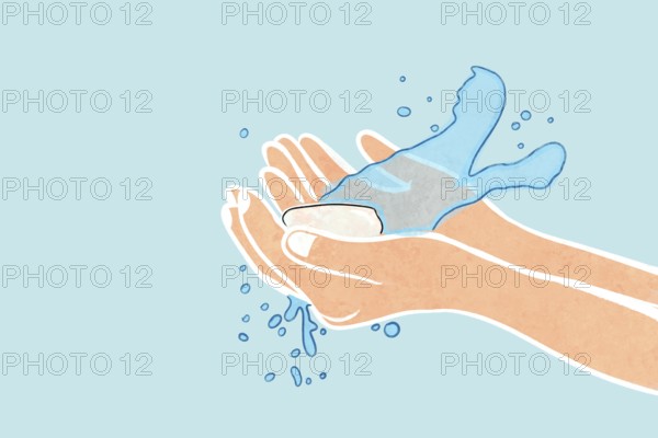 Illustrated depiction of handwashing, showing hands, soap, and water splashes Emphasizes hygiene