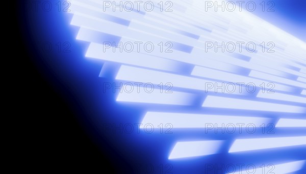 This rendering showcases a glowing blue geometric pattern with light effects. The abstract design