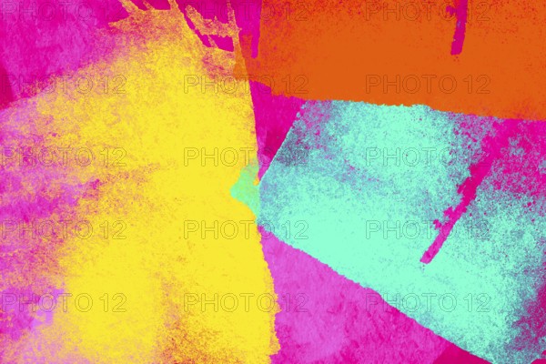 This abstract image features a vivid array of textured, overlapping colors including pink, orange,