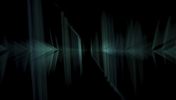This image renders dark green abstract geometric shapes meeting in a 3D digital space, creating a