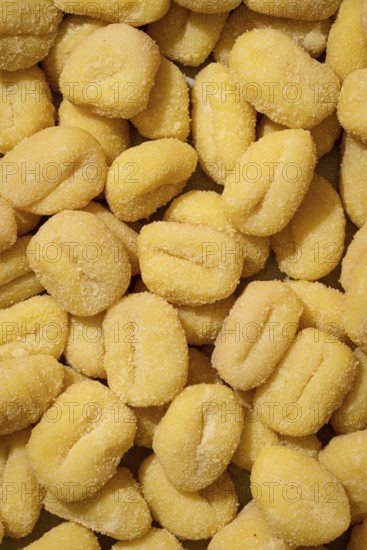 Top view of uncooked frozen gnocchi dusted with flour, closely packed and showing clear