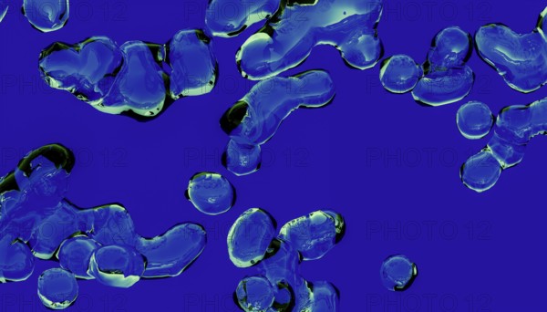 A digital artwork depicting several shiny 3D forms resembling blue liquid shapes floating