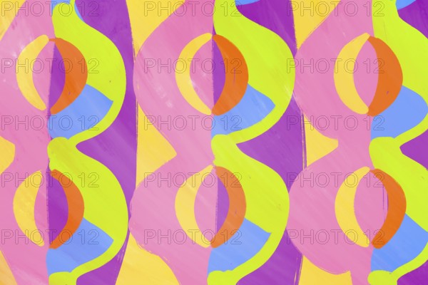 This colorful abstract illustration features a vibrant geometric pattern with bold shapes and vivid