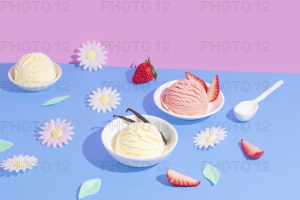 Vibrant split background in pink and blue showcasing various ice cream flavors. The scene includes