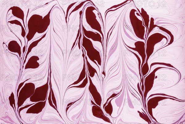 A stunning floral design featuring flowing abstract shapes in shades of red and pink acrylic paint.