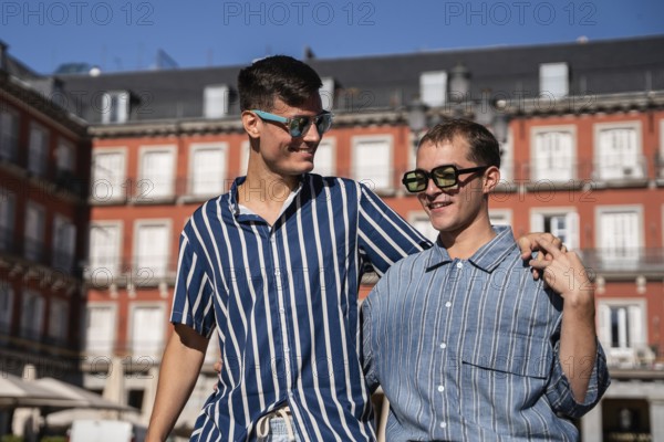 A joyful gay couple walking through the vibrant streets of Madrid, showcasing love and diversity in