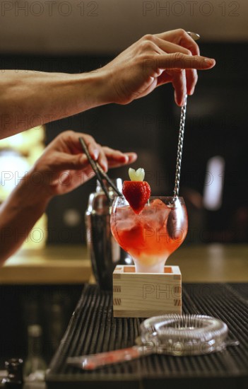 A professional bartender expertly mixes a cocktail in a stylish bar. The scene captures the vibrant