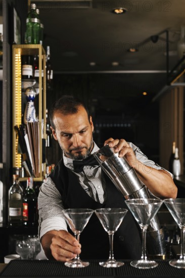 A skilled bartender expertly prepares cocktails in a stylish bar setting, showcasing mixology