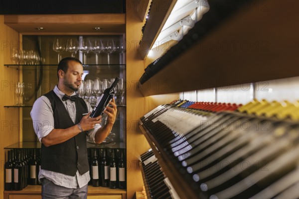 A professional sommelier selects a wine bottle in a stylish cocktail bar. Glasses line the shelves,