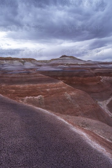 The vibrant, layered Hanksville Bentonites in Utah's desert landscape stretch under dramatic,
