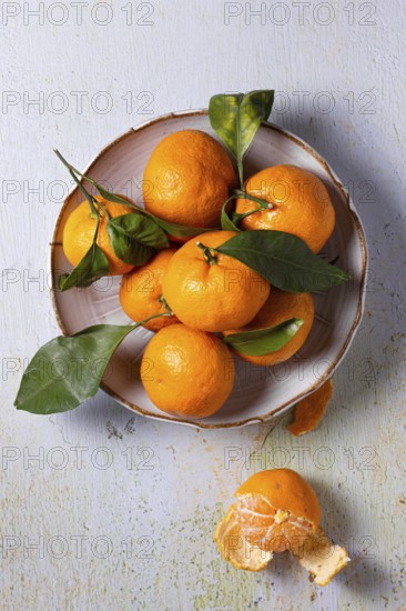A vibrant arrangement of fresh tangerines with green leaves, displayed on a rustic plate against a