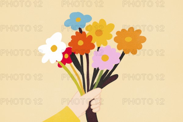 Illustration of a hand presenting a vibrant bouquet of various colorful flowers against a light