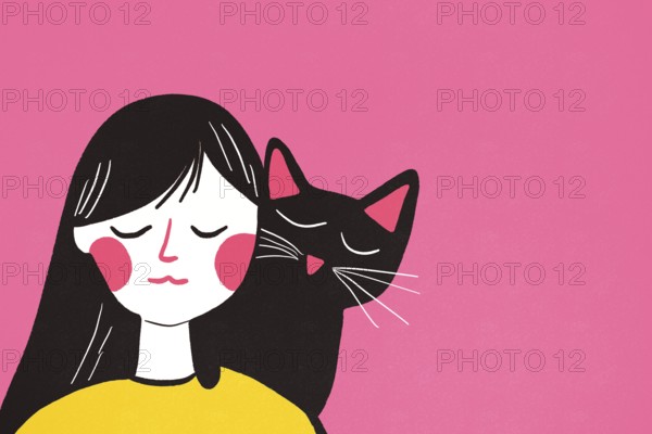 Illustration of a young girl in a yellow sweater being affectionately cuddled by a black cat