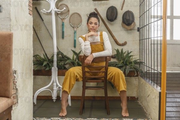 A young woman sits serenely on a wooden chair in a rustic home environment, surrounded by vintage