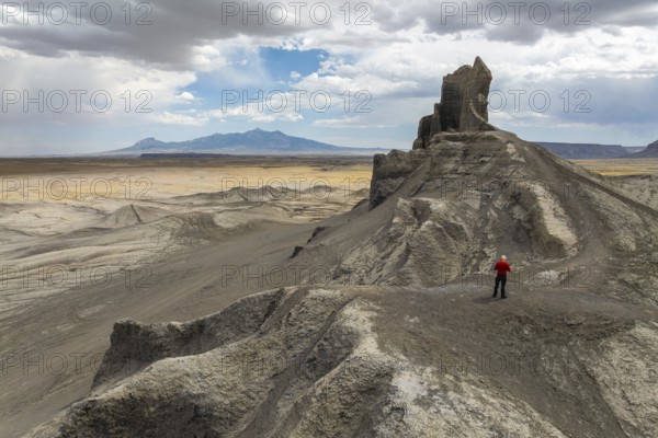 A person in a red jacket stands atop a rugged, rocky outcrop in a vast desert landscape in