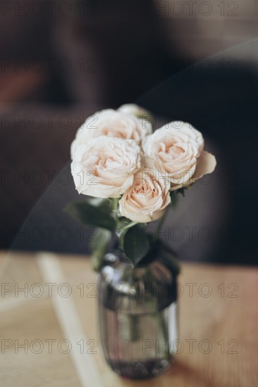 A delicate bouquet of blush roses arranged in a clear glass vase, creating a romantic and serene