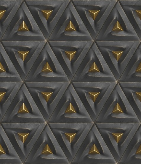 A striking 3D geometric pattern featuring metallic accents. The repeating triangular shapes create