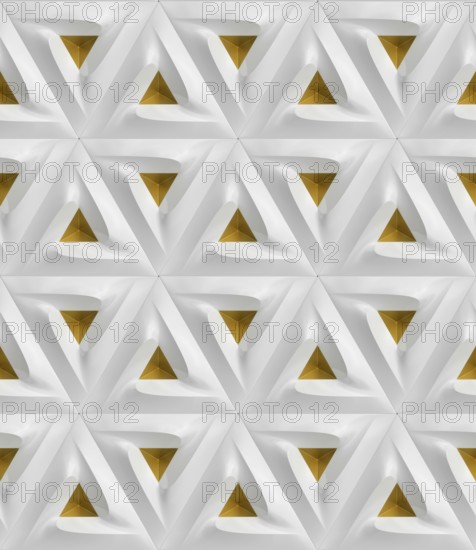 This 3D geometric wallpaper design features a repeating pattern of white triangles with gold