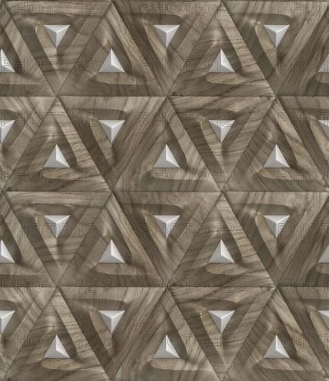 This 3D illustration showcases a geometric pattern featuring triangular shapes with a wood texture.