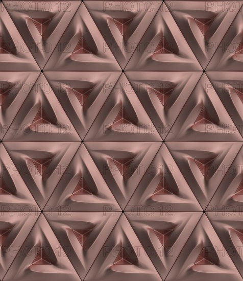 An intricate 3D geometric pattern featuring triangular shapes in neutral tones creates a modern and
