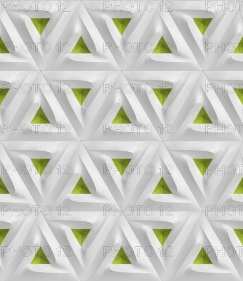 Abstract 3D geometric pattern featuring repetitive green and white triangular shapes. The design
