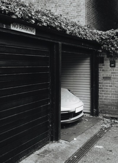 A sleek sports car is discreetly parked in a garage with a No Parking sign. The urban London