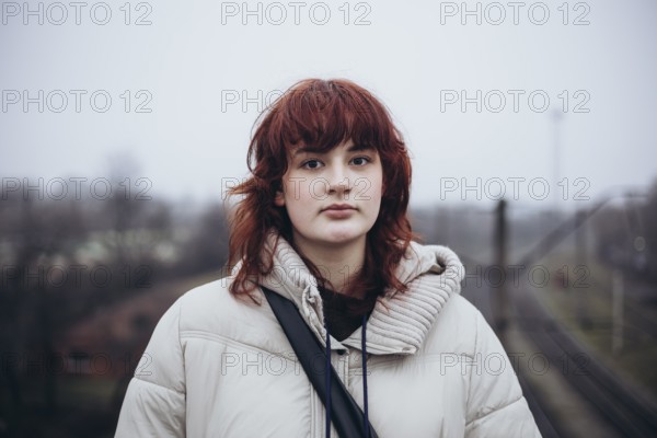 A young woman with red hair stands outdoors wearing a beige winter coat. The background is blurred