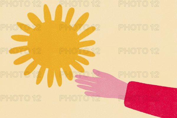 A vibrant illustration featuring a hand extending from a red sleeve, reaching towards a large,