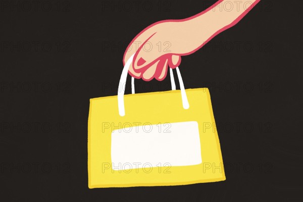 A stylized illustration of a hand gripping the handles of a yellow shopping bag, featuring a blank