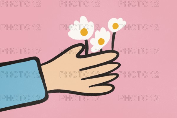 An illustration showing a human hand gently holding three white daisies against a plain pink