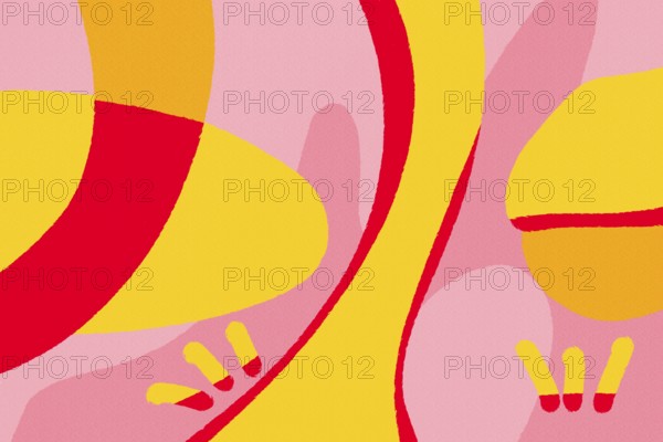 A striking abstract illustration featuring flowing lines and bold shapes in shades of pink, yellow,