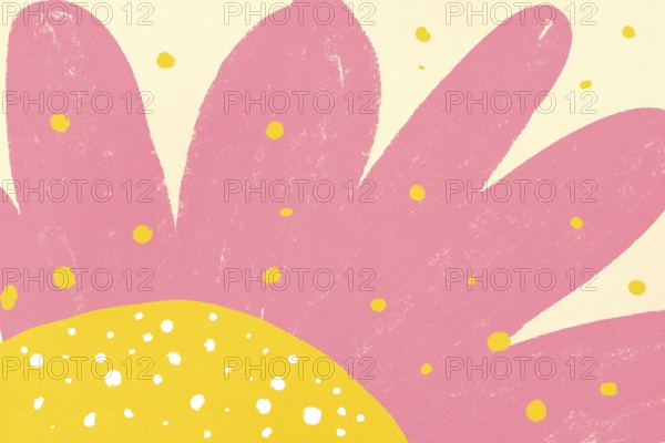 Bold abstract art resembling a flower featuring large pink shapes dotted with yellow highlights on