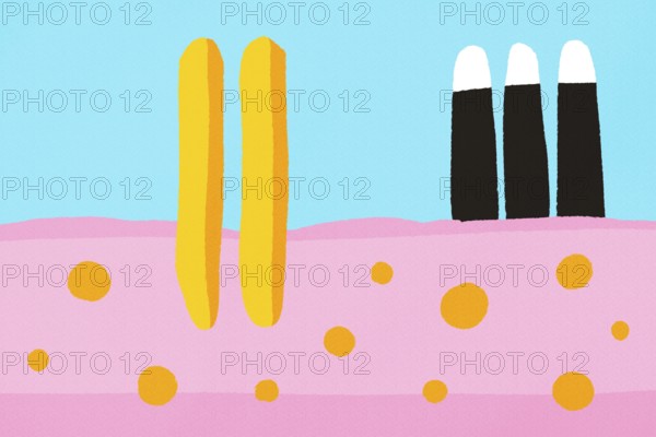 A colorful, abstract, minimalist illustration featuring bold shapes and pastel colors. The artwork