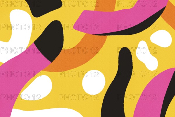 A vivid abstract illustration featuring overlapping shapes with a playful use of pink, black,