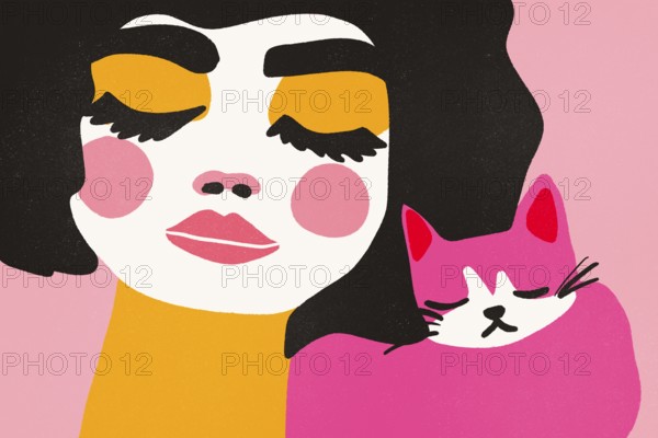 A colorful illustration depicting a stylish woman embracing a pink cat, showcasing a representation