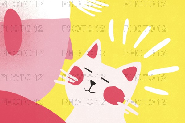 A whimsical illustration features a smiling white cat with pink cheeks under a bright yellow