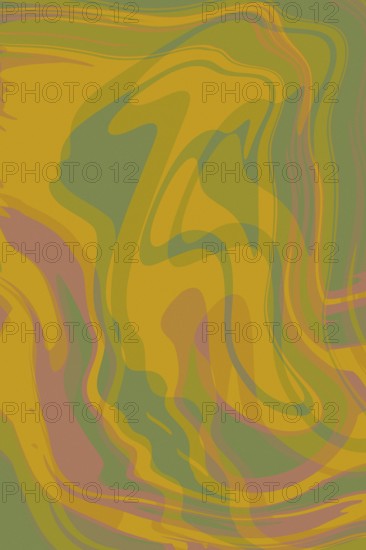 This abstract illustration features fluid, swirling shapes in earthy tones of green, yellow, and